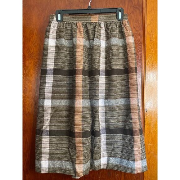 VINTAGE Wool Brown Peach 60s Plaid Wrap Skirt Small - Picture 5 of 6
